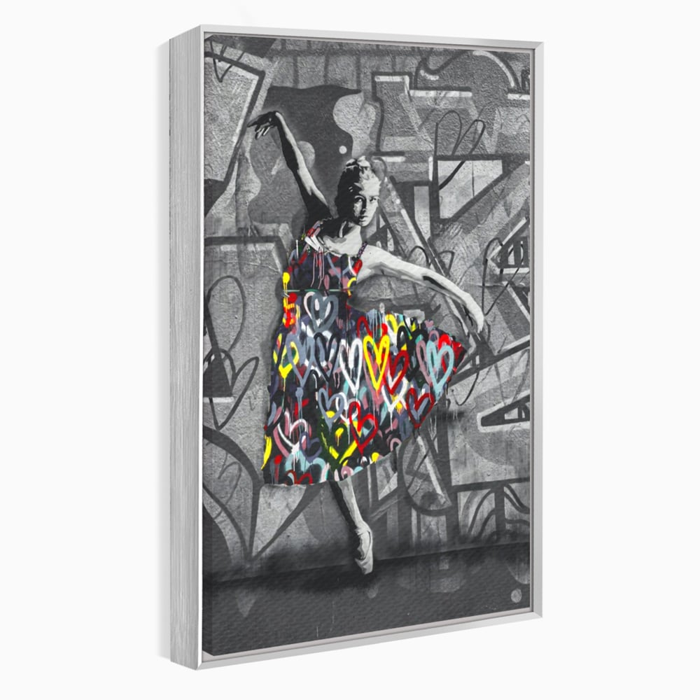 Tablou canvas cu tablou canvas cu balerina stilizata, in rama de aluminiu argintiu